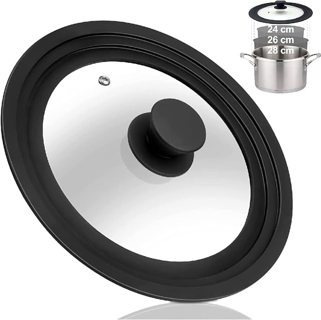 OFNMY Universal Glass Lid 24/26/28cm | Anti-Splash Glass Lid with Silicone Rim & Steam Hole for Frying Pan, Pots, Pans, Casserole, Black