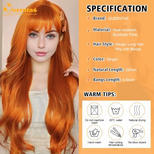 Image of QUEENTAS 22In Ginge Wigs for Women Long Ginger Wig Natural Staright Synthetic Hair Wigs with Bangs for Daily Use Halloween Cosplay (Ginger)