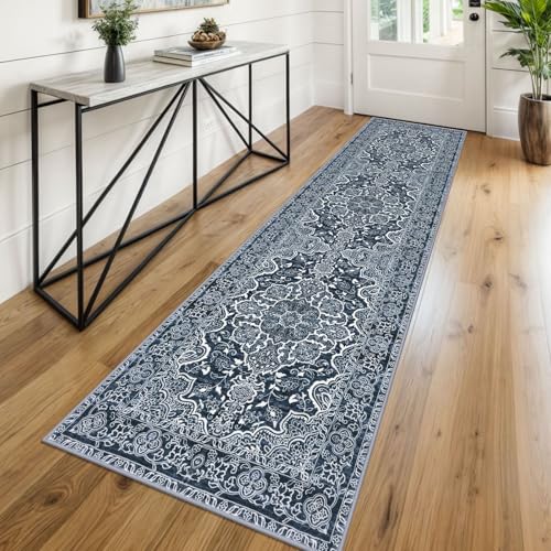 KUTA Vintage Floral Washable Runner Rug, 2x8 Navy Blue Runners for Hallways Non-Slip Kitchen Rugs Ultra Soft Printed Distressed Tribal Floor Carpet for Bedroom Living Room Nursery