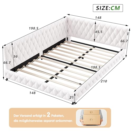 Tagesbett 140x200 mit LED und USB, Polsterbett mit Lattenrost, Schlafsofa 140x200, Jugendbett Einzelbett, Teddy Velvet, Ohne Matratze (Beige) – Bild 4