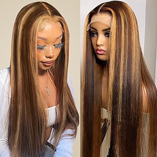 Hermosa Ombre Highlight Straight HD Lace Front Wigs Human Hair Pre Plucked 4/27 Colored Honey Blonde 180 Density Glueless 13x4 Transparent Lace Frontal Wig for women 18 inch