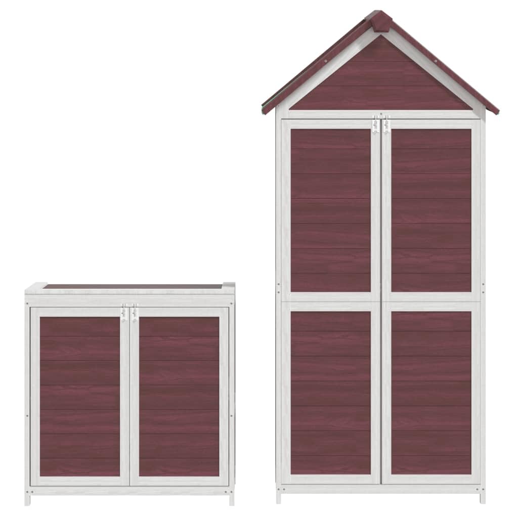 Juego de 2 cobertizos de madera maciza de pino moca para herramientas de jardín con techo impermeable y soporte de pared, almacenamiento organizado para herramientas y herramientas de cuidado del