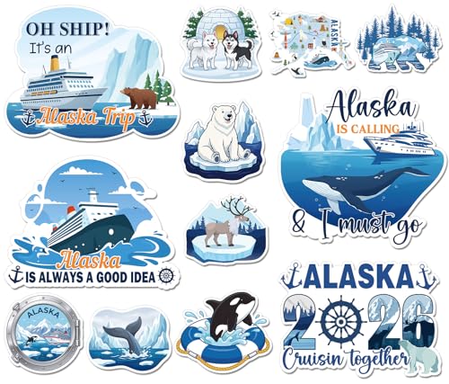 Wxiben Cruise Door Decorations Magnetic - 12 Pcs 2026 Alaska Cruise Door Magnets Alaskan Trip Carnival Cruise Ship Door Decoration Bear Whale Stickers Decals for Cabin Party Refrigerator Decor