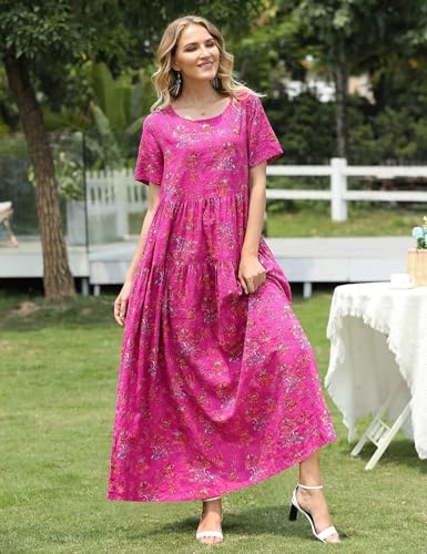 YESNO Women Dresses Casual Plus Size Bohemian Short Sleeve Floral Long Maxi Summer Beach Swing Dress/Pockets EJFUK - Image 4