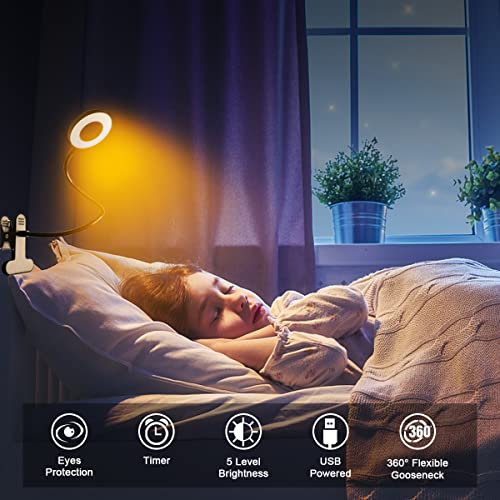 Clip On Light Eye Caring Reading Light, 1600K 23 Led Usb Desk Lamp With Flexible Gooseneck & Timer Setting 4/8/12/18H,5 Dimmable Levels Clamp Ring Lamp For Reading In Bed/Artwork/Bedside #TOP1