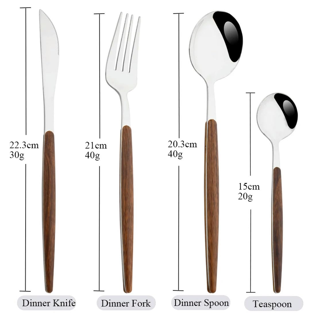 24 pièces de Vaisselle Marron argentée en Acier Inoxydable Imitation Manche en Bois argenterie Couteau cuillère Fourchette Ensemble de Couverts Vaisselle