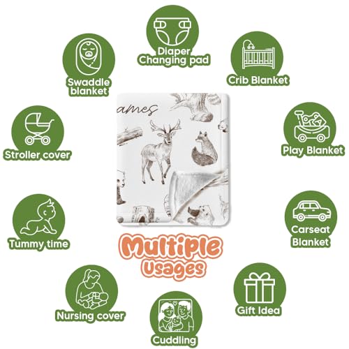 Image of Personalized Baby Blanket for Boys Girls, Custom Name Color and Sizes, Woodland Animals Baby Blankets for Son Daughter, Super Soft Fleece Blanket, Lightweight Bed Throw Nursery Blanket