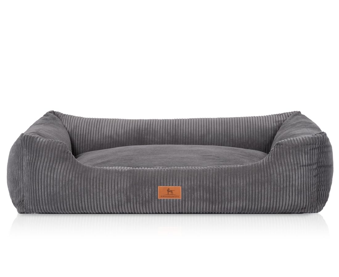 Knuffelwuff Lit pour Chien en Velours côtelé avec Personnage tissé à la Main Olivia XXL, 120 x 85 cm, Gris, Housse Amovible, Lavable, pour Chiens de Grande, Moyenne et Petite Taille
