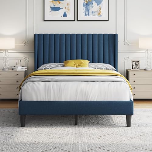 Image of Yaheetech Full Bed Frame with Headboard, Navy Blue Channel-Tufted Platform