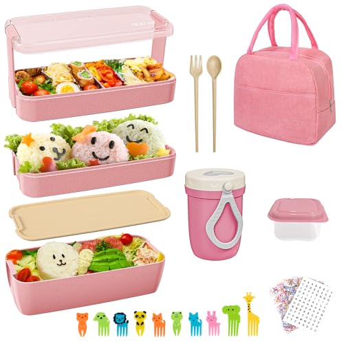 Bento Lunch Box 900ml, 3 Couches Lunchbox pour Pique-Nique Travail Bureau, Boîtes Bento Micro-ondes Boite Lunch Enfant Lunch Box Adulte (Rose)