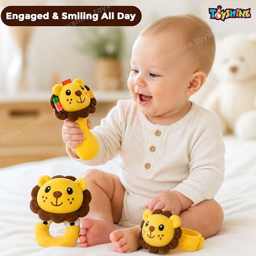 Image of Toyshine Pack of 3 Cute Animal Face Baby Hand Rattles Safe Lightweight and Easy to Hold Soft Stuffed Handy Rattles for Babies Infant Toddlers 6-12 Months - Loin