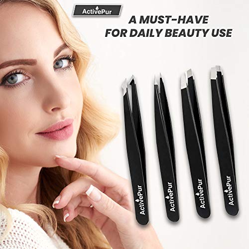 Activepur, 4 Pcs Tweezers Set Precision For Facial Hair, Ingrown Hair, Splinter For Eyebrows Blackhead And Tick Remover, Best Professional Stainless Steel Seller Hair Remover Tweezer Set W/Pu Bag. #TOP1