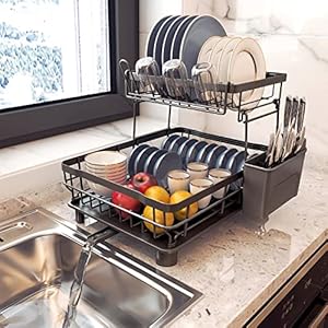 Dish Drying Rack with Drain Board, Trusthere Dish Rack for Kitchen Counter with Utensil Holder, Rustproof Drainboard Set with Cup Holder, Dish Drainer with 360° Swivel Drain Spout (Black,2 Tier)