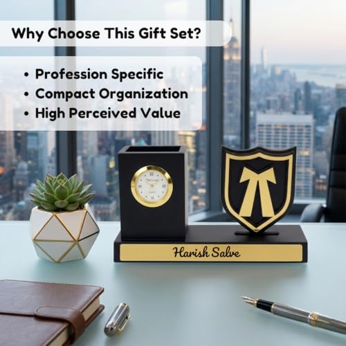 Image of Giftana Personalized Advocate Pen Stand with Name & Clock | Wooden Desk Organizer with Advocate Emblem | Customized Pencil Holder for Lawyers | Office Desk Decor | Birthday Gift for Advocate