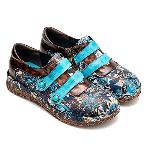 Crazycatz Women's Leather Oxford Shoes Colorful Leather Oxfords Vintage (10, Light Blue, Numeric_10) #TOP3