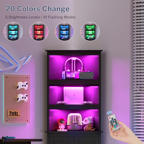 Image of TEENFON Corner Cabinet, Tall Corner Hutch with 5 Shelves & 2 Doors, Bathroom Cabinet with Adjustable Shelf, for Living Room, Kitchen, Bathroom, Black
