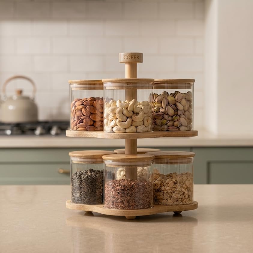 Image of Rotating 2-Tier Borosilicate Glass Spice Jar Set of 8 | 370ml Each | Airtight Lids | Revolving Stand | Masala Storage for Indian Kitchen | Lead-Free