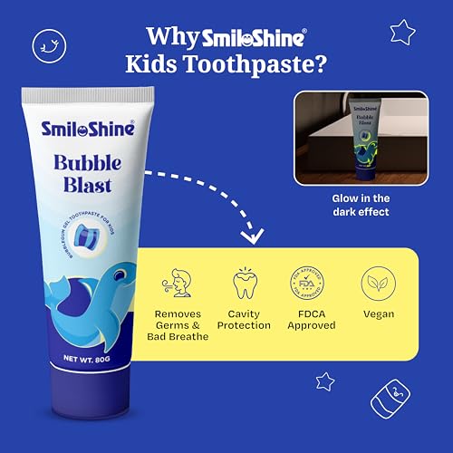 Image of SMILOSHINE Kids Bubble Blast Gel Toothpaste 80g Pack of 2| Bubble Gum Flavor with Glow in The Dark Fun | Low Fluoride Formula for Kids Daily Oral Care & Fresh Breath