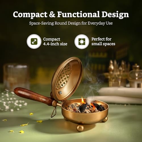 Image of Amazon Brand - Solimo Dhoop Dani with Handle (11.4 cm / 4.4 Inch) | Incense & Loban Burner Dhuni Stand | Durable Iron Body with Golden Finish | Round Design | Safe Grip Handle | Ideal for Home, Office & Temple Pooja