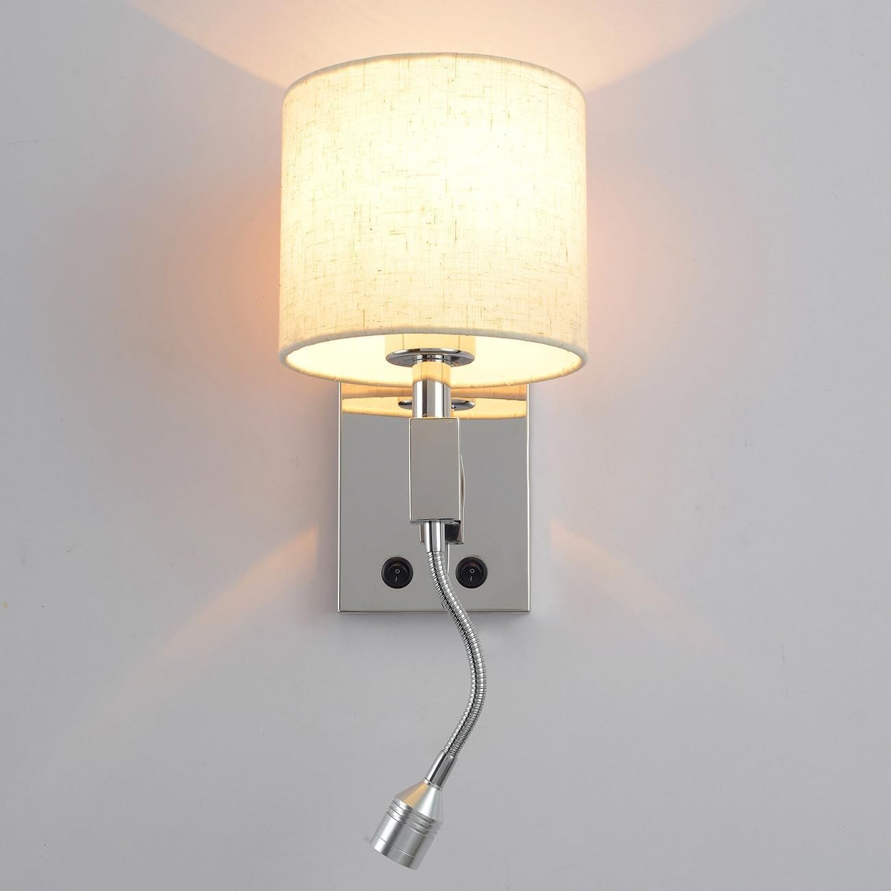 Lámparas de Pared para Dormitorio, cromadas con Pantalla de Tela, 2 Luces con luz de Lectura Ajustable, lámpara de mesita de Noche con cableado Fijo para Dormitorio y Sala de Estar