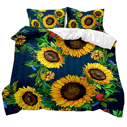 Parure de lit 2 Personnes Jaune Tournesol Fleur Schéma Doublures de lit Noir Vert Jaune Gris Housse de Couette et T aie d'oreiller (Style 2, 260x230 cm)