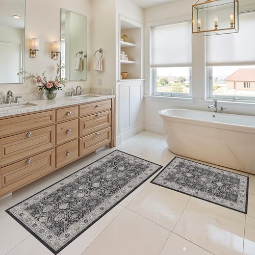 Washable 4-Piece Kitchen Floor Mats: Farmhouse Non-Slip Kitchen Sink Rug Easy Clean Water-Resistant Runners for Hallway Bathroom Soft Decorative Carpet for Pet Feeding Area(2x3+2x4+2x5+2x6,Black)