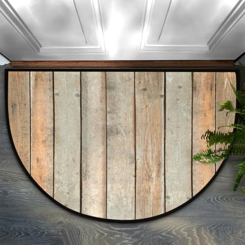 Image of cfpolar Half Round Door Mat Brown Wood Retro Non-Slip Semi Circle Area Rug Washable Half Moon Hearth Rugs for Indoor Outdoor Bathroom Kitchen Patio Runner Mat Laundry Room Home Decoration