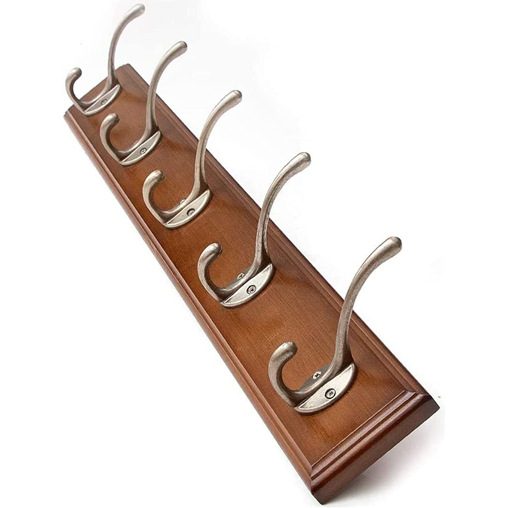 SAeWare Garderobenleiste aus Bambusholz, Wandmontage, Hut-Organizer, Kleiderbügel, Wand, rustikaler Vintage-Stil, mit Metallhaken zum Aufhängen, für Flur, Wohnzimmer, 4 Haken, 5 Haken