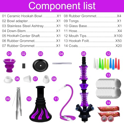 22" Hookah Set with Everything,Premium Hookah Shisha set,Up to 4 Persons Hookah Complete Set with 100 Disposable Tips,50 Pre-Punched Aluminum Foil,20 Coals(PURPLE) - Image 3