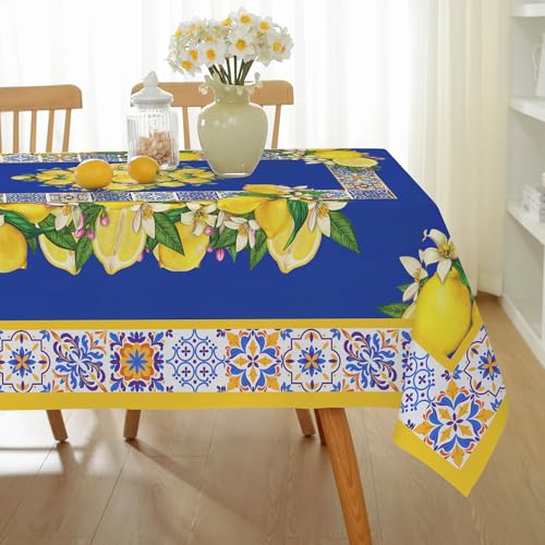 Honellaty Blue Yellow Lemon Vintage Pattern Tablecloth 52" x 70"