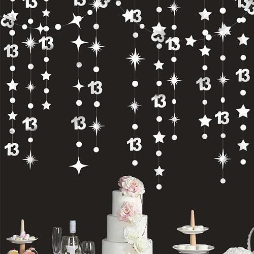 Image of Silver 13th Birthday Decorations Number 13 Circle Dot Twinkle Star Garland Metallic Hanging Streamer Bunting Banner Backdrop Girls Boys 13 Years Old Birthday Thirteen Official Teenager Party Supplies