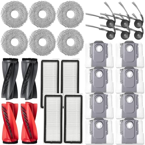 Replacement Kit Accessories Compatible with Roborock Qrevo Edge/Qrevo Curv Vacuum Cleaner Robot Parts 2 Main Brush 6 Side Brush 4HEPA Filter 8 Dust Bag 6 Mop Pads