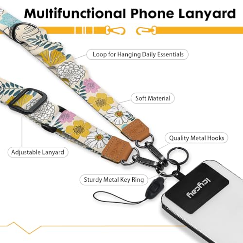 Image of Icycay Phone Lanyard Crossbody Strap Neck Adjustable Teacher Women Flower | for Cell Phone Case Keys ID Badges, Anti Theft, Multifuctional, Boho Phone Holder, Travel Hiking Essential Accessories, Gifts