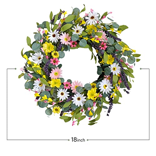 Gaudium 20" Artificial Spring Eucalyptus Leaf Wreaths, Large White Pink And Yellow Daisy Wreaths, Front Door Window Home Decor Wreaths And Holiday Celebrations #TOP2
