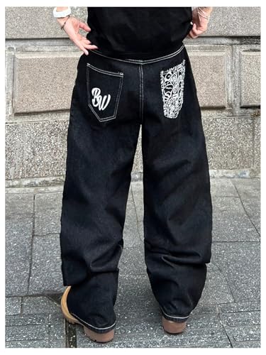 GORGLITTER Men's Baggy Wide Leg Jeans Y2k Letter Graphic Zipper Fly Denim Pants with Pockets3