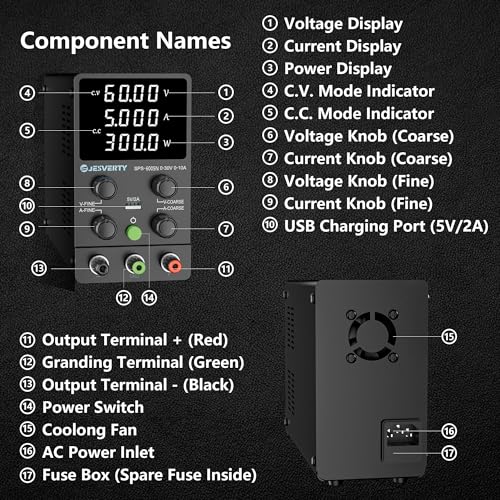 Image of DC Power Supply Variable, 60V 5A Adjustable Switching Regulated DC Bench Power Supply with High Precision 4-Digits LED Display, 5V /2A USB Port, Coarse and Fine Adjustments SPS-6005N