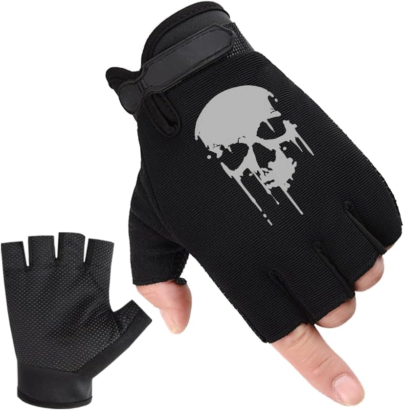 Workout Gloves for Men & Women, Cycling Weight Lifting Gloves for Men Women, with Anti-Slip Shock-Absorbing Pad, Light Weight Breathable Half Finger Bike (Skull)