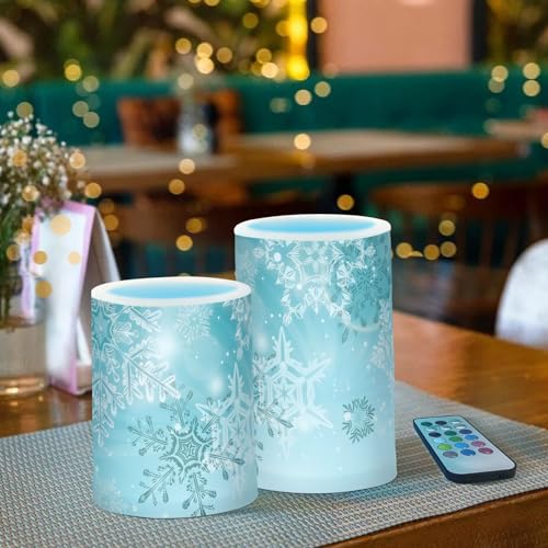 Image of Christmas Lights Decorations Flameless Candles Silver Winter Teal Turquoise Snowflakes Christmas Pillar Candles Set of 2 Battery Operated Remote Control Warm Lights