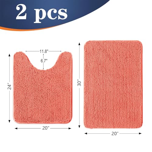Image of OLANLY Bathroom Rugs Sets 2 Piece, Soft Absorbent Chenille Bath Mats and U-Shaped Contour Toilet Mat Area Rug Set, Machine Washable Bath Carpet, Home Decor Accessories(30 inchx20 inch+24 inchx20 inch, Coral)
