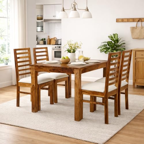 Image of SHYAM ART & CRAFT 4 Seater Dining Table Set in Sheesham Wood with Cushioned Chairs | Solid Wooden Dining Table for Home & Kitchen | Space Saving Modern Furniture for Dining Room | Brown