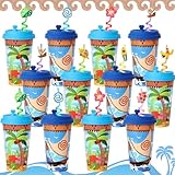 Joyhaven Tropical Hawaiian Party Favors Drinking Cups with Lids and Straws, 24 Pack 16oz Reusable Plastic Cups for Kids Birthday, Beach Luau Party Supplies Decorations
