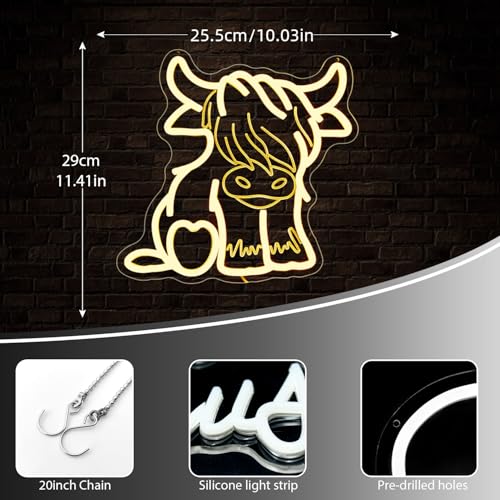 Image of Highland Cow Neon Sign Dimmable Cute Cowbow Neon Lights for Wall Decor,Farm Animal Cow Signs for Farmhouse Kid Room Decor Art Kids Party Birthday Gifts