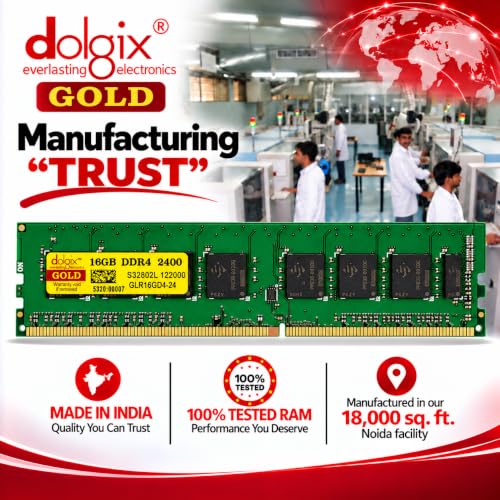 Image of Dolgix Gold 16GB DDR4 Desktop RAM 2400MHz (Memory) U-DIMM | Long-DIMM | CL- 17 | PC4-19200 | 2Rx8 Dual Rank | 5Year -Warranty (Made in India)
