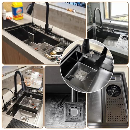 Fregadero de cocina moderno y fácil de limpiar en acero inoxidable negro con sifón completo 3