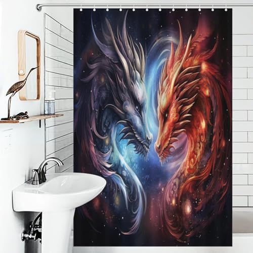 Rideau de douche dragon anti-éclaboussures en tissu polyester lavable avec crochets inclus