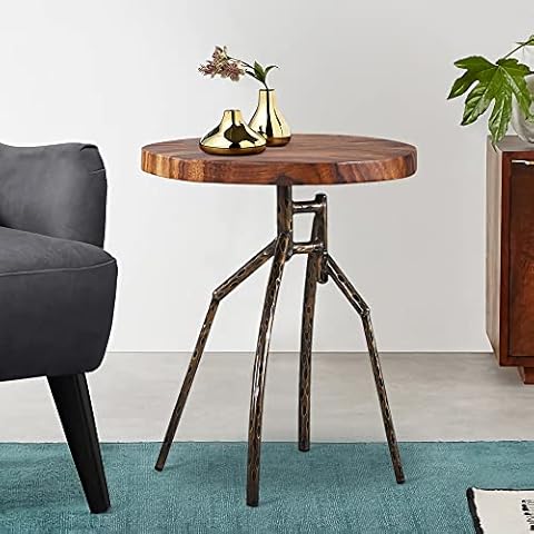 Way2Furn Solid Wood End Table, Round Side Table, Accent Table with Metal Leg, Mini Coffee Table for Living Room Cover