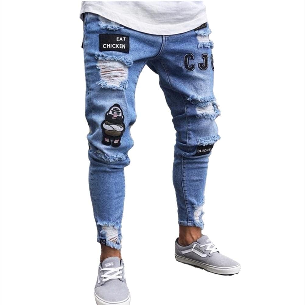 RuiyouQQ Men's Casual Slim Fit Denim Trousers Ripped Skinny Distressed Destroyed Holes Pants Jeans (Blue, M)
