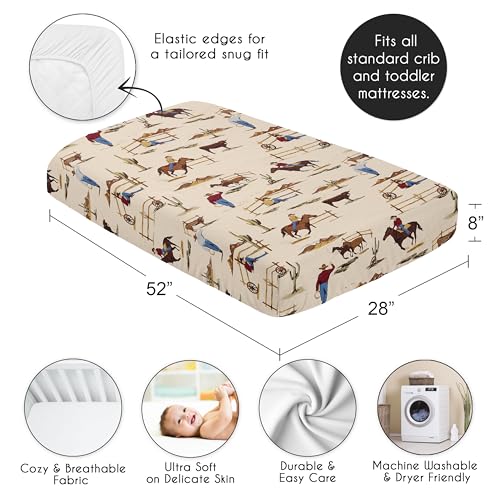 Image of Sweet Jojo Designs Fitted Baby Crib Sheets (Western Cowboy) for Boys, Infant Nursery, Toddler Room - Standard Size (Vintage Americana, Wild West, Southern, Country, Beige, Tan, Farm, Horse Ranch)