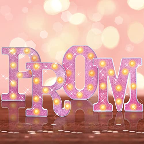 Kathfly 4 Pcs LED Prom Letter Lights 3D Extra Large Prom 2025 Light up Sign Marquee Letters Decorations for 2025 Graduation Party Supplies(Pink Glitter)