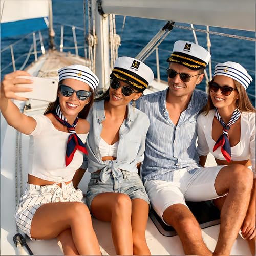 Image of DPLin Yacht Captain Sailor Accessories Costume include Captains hats Men, Sailor Hat Women,Scarf, Sunglasses Halloween Dressing up Party